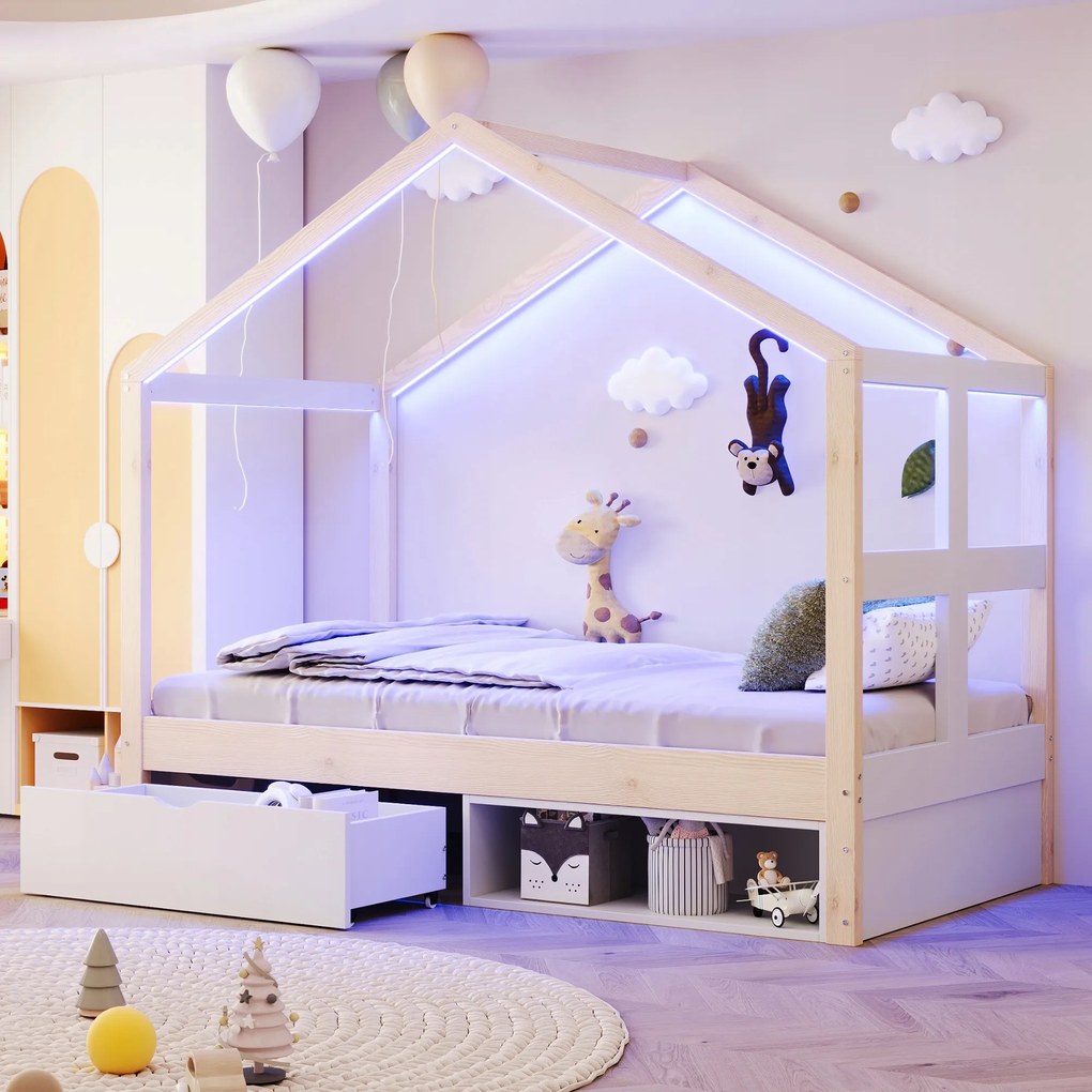 Gyerekágy LED-es faház Fiókok Cipősszekrény 90x190cm fenyő