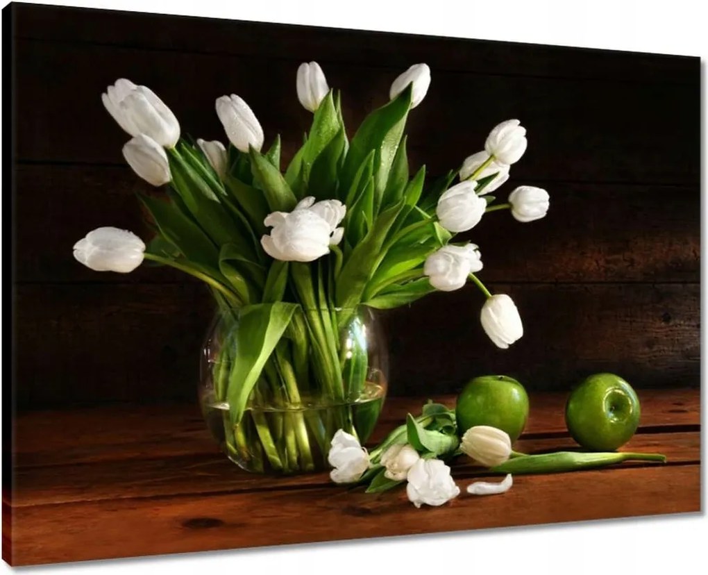 Vászonkép 70x50 Fehér tulipánok Sötét háttér