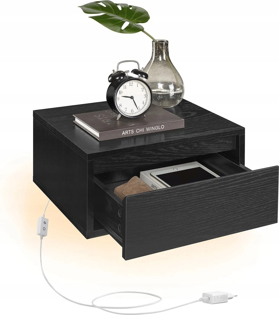 Modern lebegő éjjeliszekrény beépített lámpa fiók ébenfa fekete