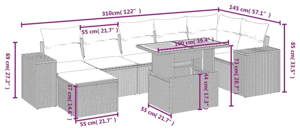 8 részes szürke polyrattan kerti ülőgarnitúra párnákkal