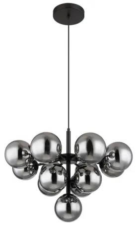 Globo 56143-13 Függeszték fém fekete matt, füstszínű üveg gömbök, fekete textil kábel, magassága lerövidíthető, ø: 560mm, M: 1200mm, 13x G9 LED 5W 230V izzók nélkül