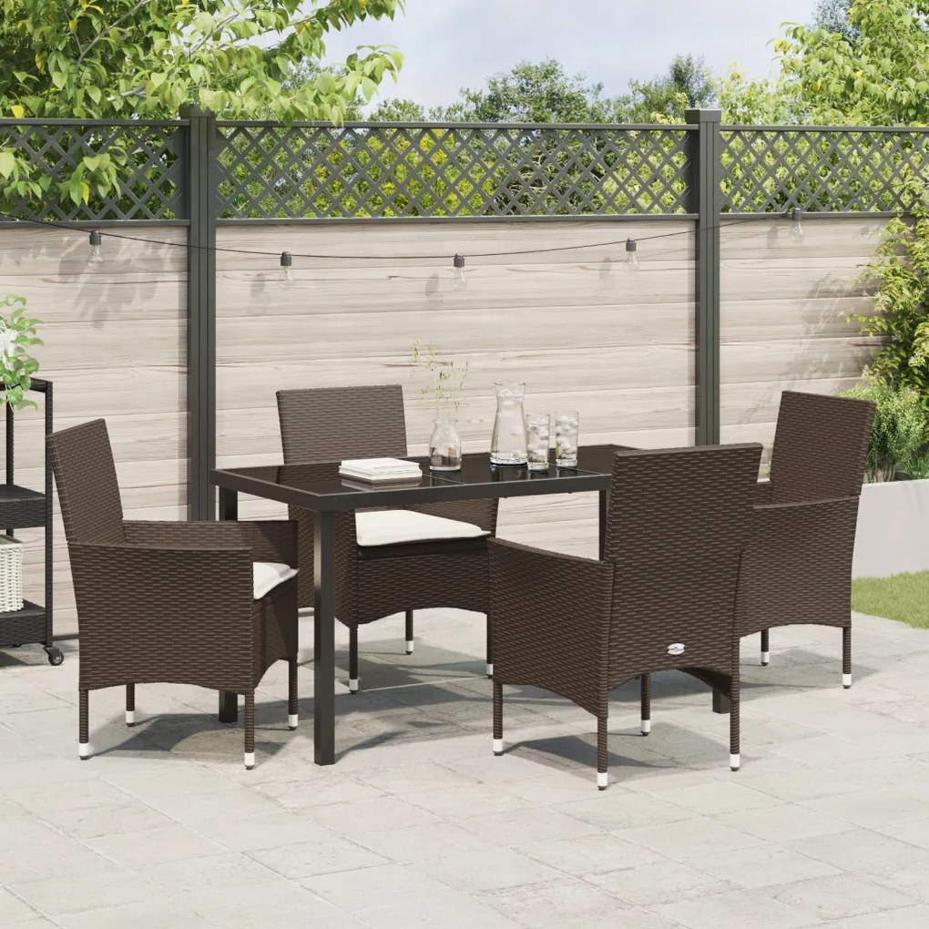 5 Részes Kerti Étkezőasztal Párnákkal Barna Poli Rattan, Kerti Asztal Fekete 140x80x73 cm Edzett Üveg