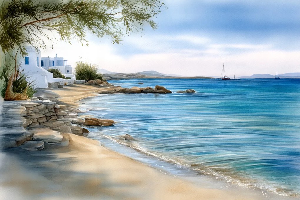 Fotótapéta Flizelina Tájkép Görögország Cikládák Tengerpart Jacht 152,5x104 ragasztó