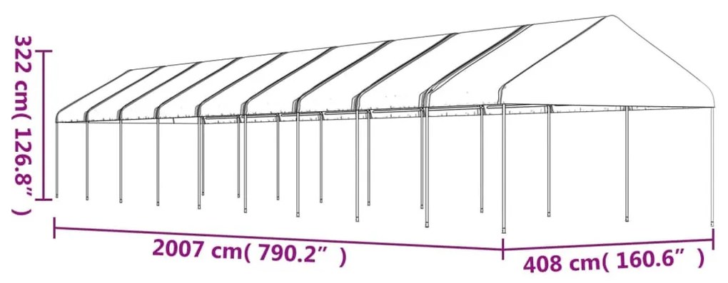 Fehér polietilén pavilon tetővel 20,07 x 4,08 x 3,22 m