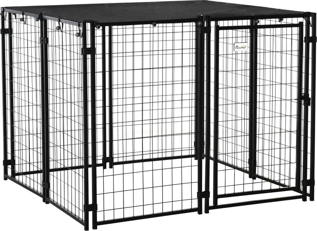 PawHut Összecsukható Acél Kutya Kennel Tetővel, Zárható Ajtós Ketrec, 8 Paneles Futó Állatok Számára, 141x141x113cm, Fekete | Aosom