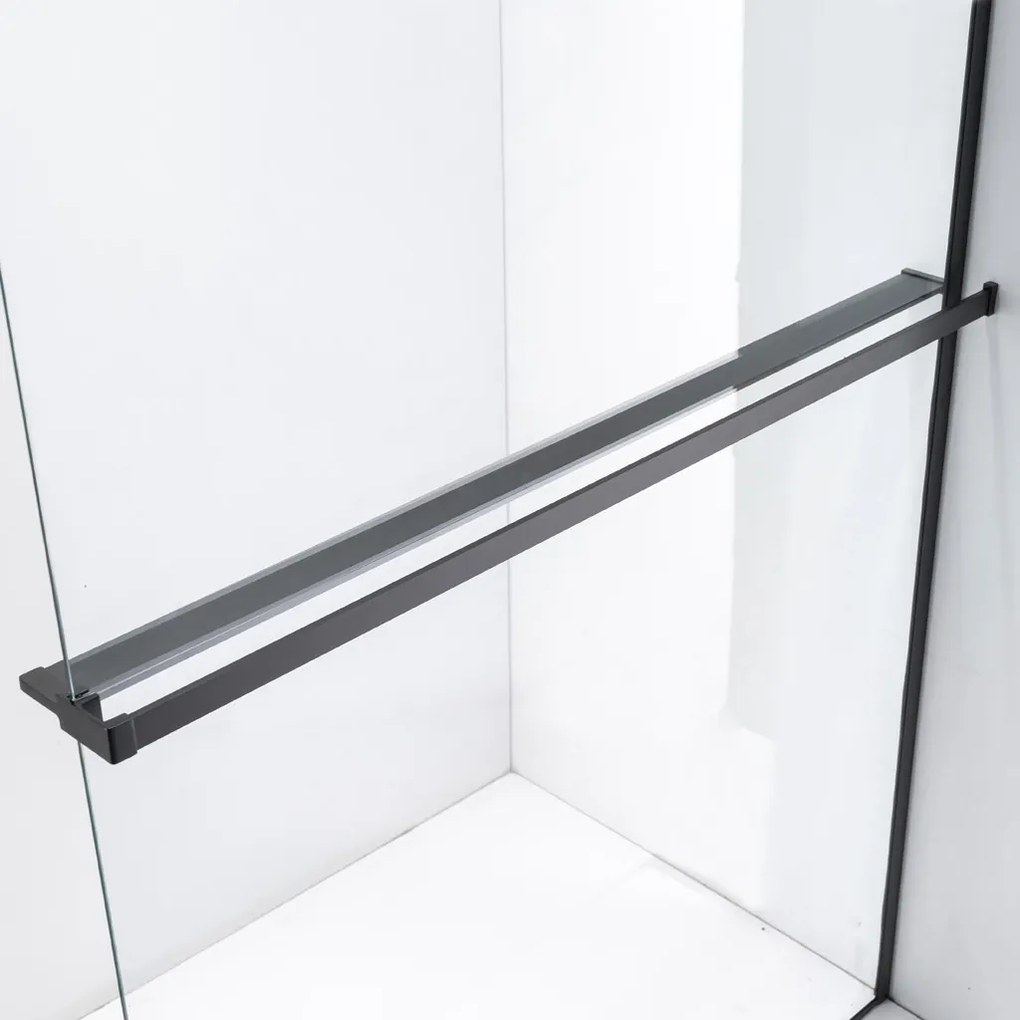 Stuxi Milano Plus Black Walk-in zuhanyfal, 140x200 cm, 8 mm vastag vízlepergető biztonsági üveggel, matt fekete profillal, távtartóval, polccal és törölközőtartóval