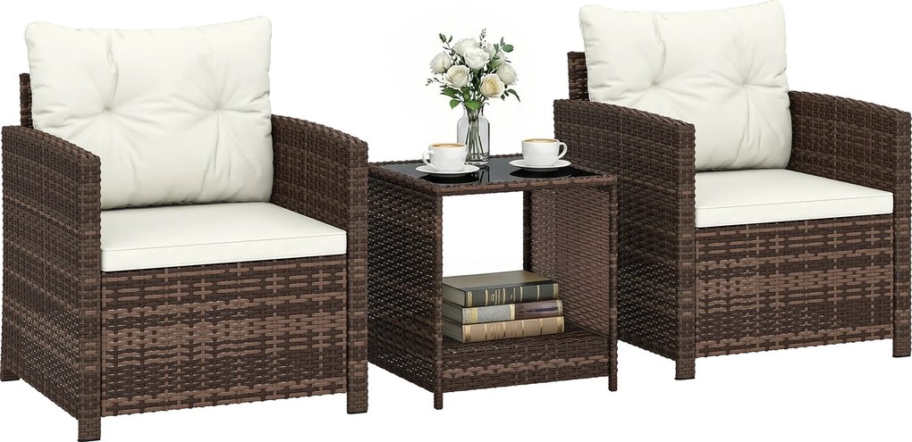 Outsunny 3 részes PE-rattan kerti szett — 2 párnázott fotel és üveglapos dohányzóasztal, barna/krém — erkély/terasz | Aosom