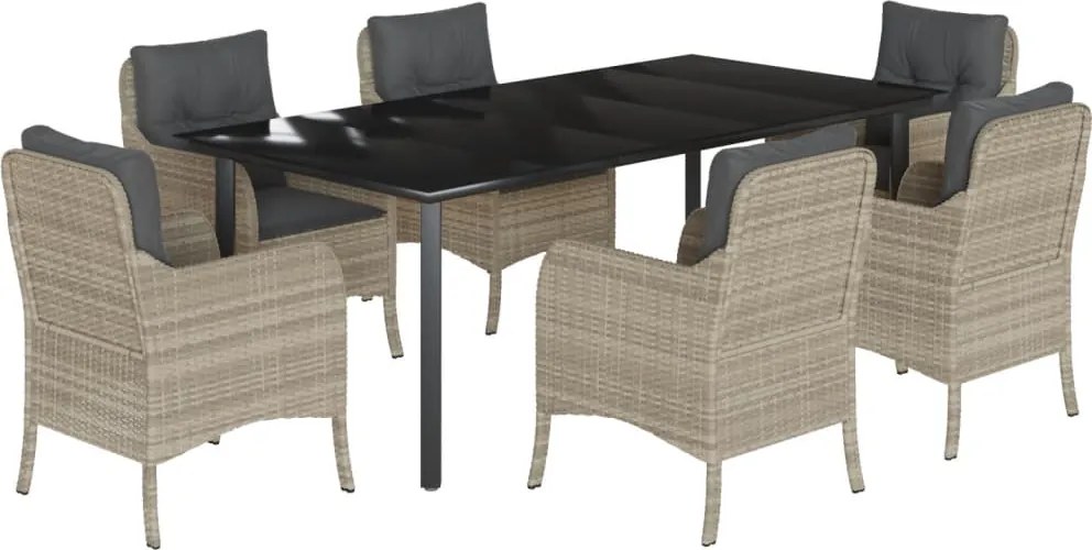vidaXL 7 részes világosszürke polyrattan kerti étkezőszett párnával