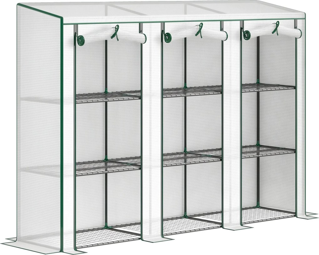 Outsunny 3 polcos PVC kerti mini üvegház acélvázzal, 2 felhajtós cipzáras ajtó — 215 x 46 x 151 cm, fehér | Aosom