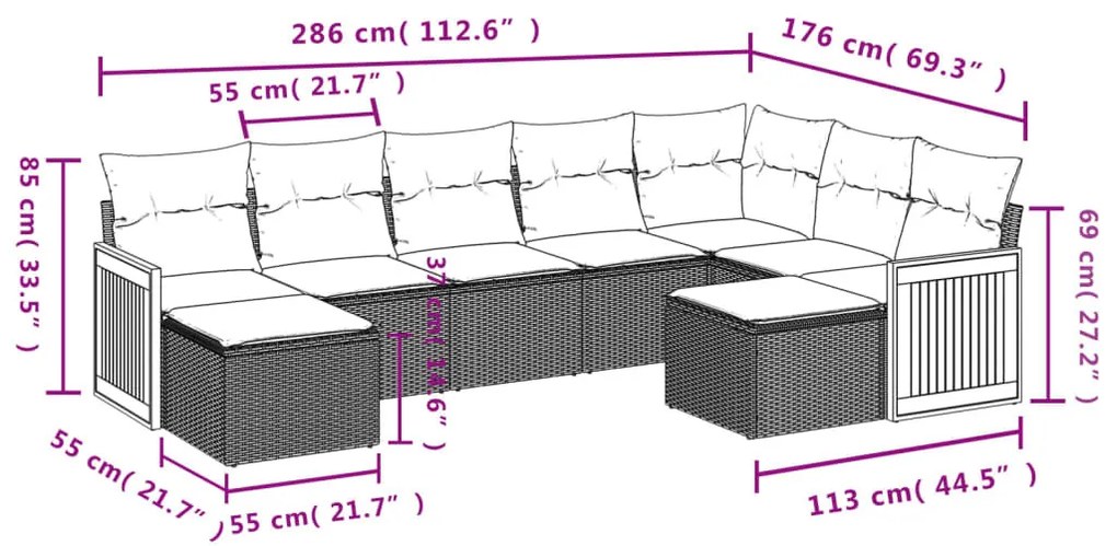 9 részes fekete polyrattan kerti ülőgarnitúra párnákkal