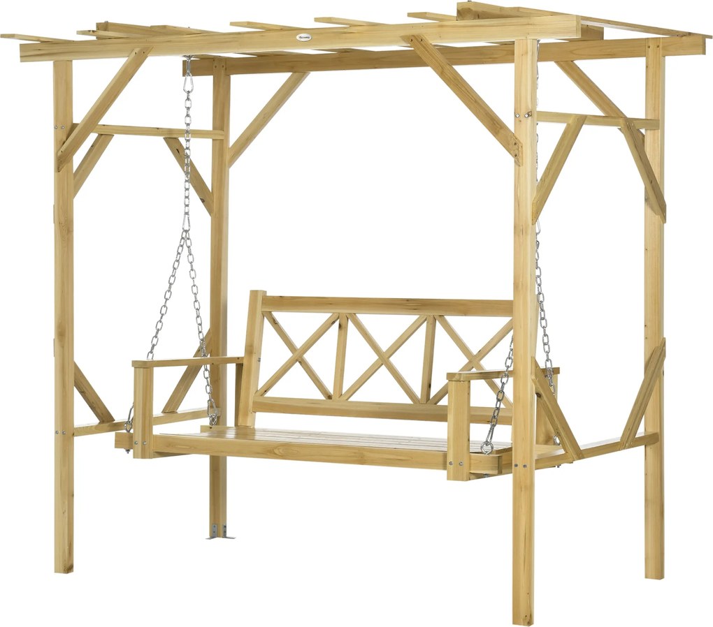 Outsunny Hollywood Swing Pad Pergolával, 2-Fős Kerti Hintaágy, Időjárásálló Pad Kerthez, Erős Fa, Természetes, 221 x 140 x 196 cm | Aosom