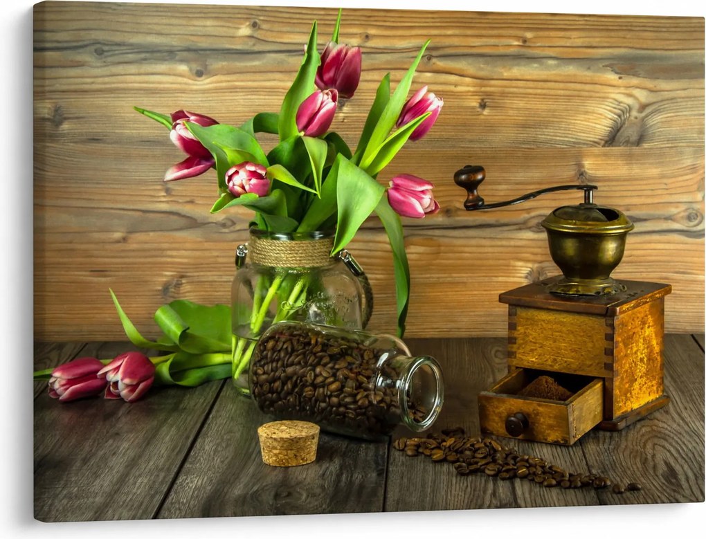 Tulipánok, daráló és kávé képe (70x50 cm)