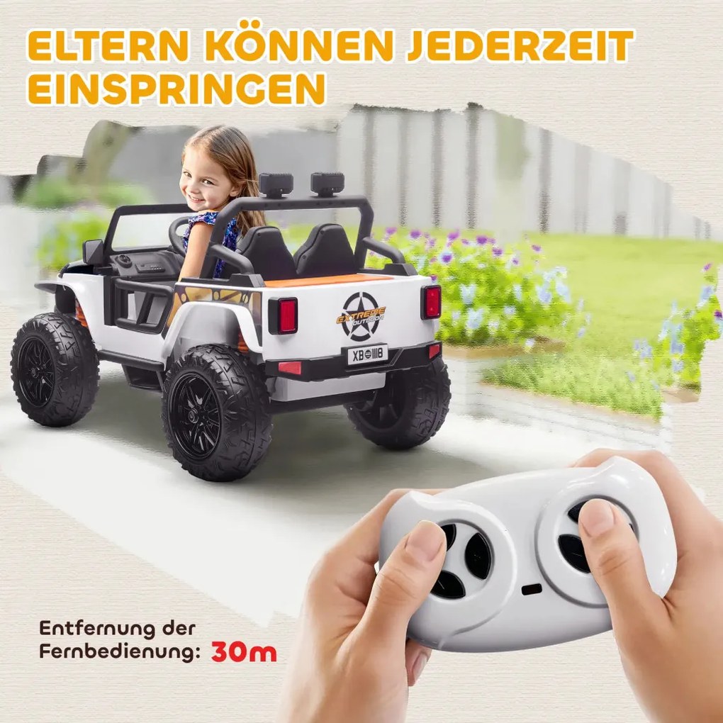 AIYAPLAY Elektromos gyermekjármű, 12 V-os akkumulátorral, távirányítóval, zenével, kürttel, LED lámpákkal, fehér