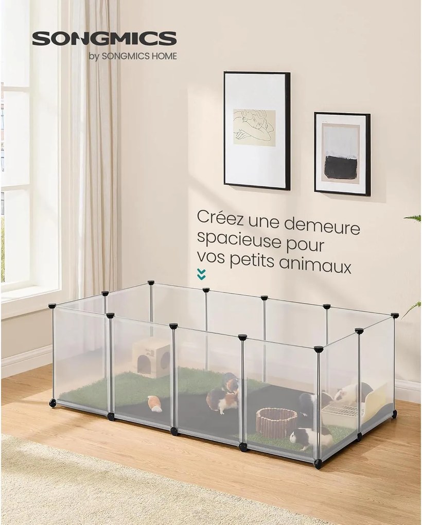 SONGMICS moduláris kisállat-kifutó aljjal, kivehető Oxford szövet szőnyeggel, 143 × 73 × 46 cm, fehér