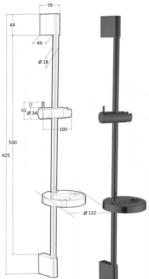 SOTBE LARK fekete 60 állítható zuhanyrúd szappantartóval