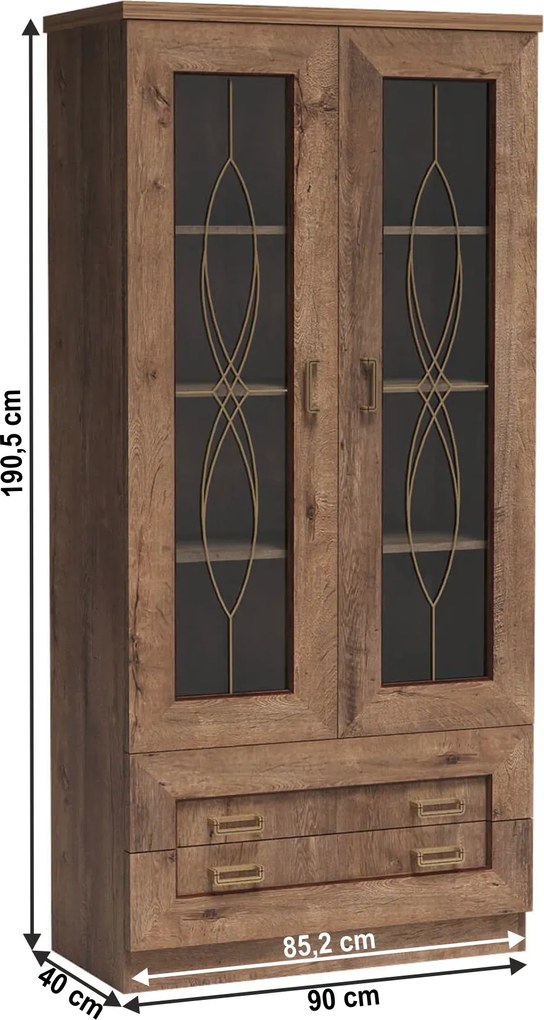 Vitrines szekrény, tölgy lefkas, TEDY Typ T8