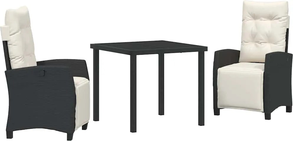vidaXL Kert étkező szett párnával 3 pcs Fekete polirattan