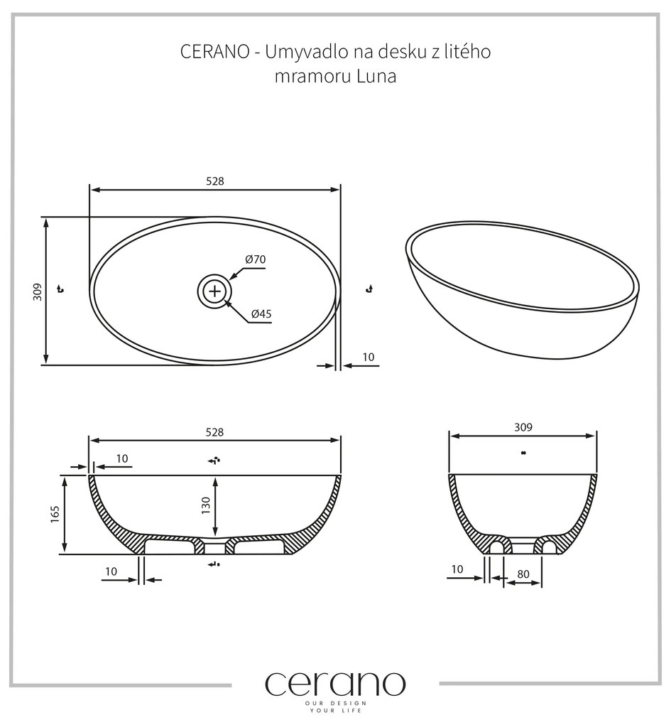 Cerano Luna, öntött márvány munkalap mosogató 528x309x165 mm, fekete matt, CER-CER-WB19B