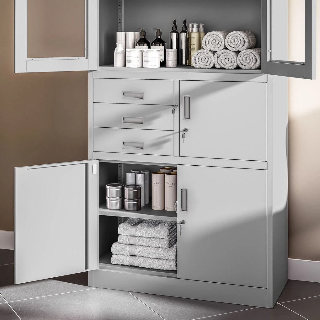 Fém iratszekrény széffel, vitrinnel és fiókokkal FILIP, 900 x 1850 x 400 mm, szürke