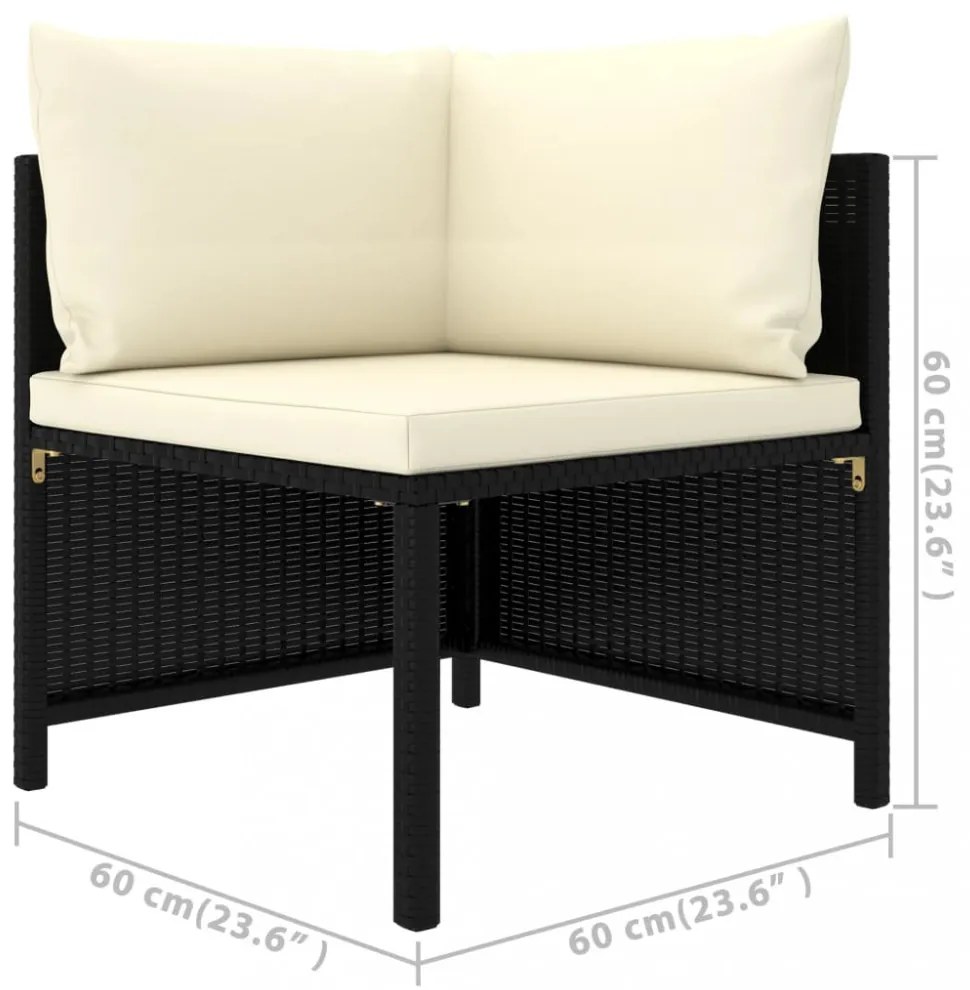 7 részes fekete polyrattan kerti bútorszett párnákkal