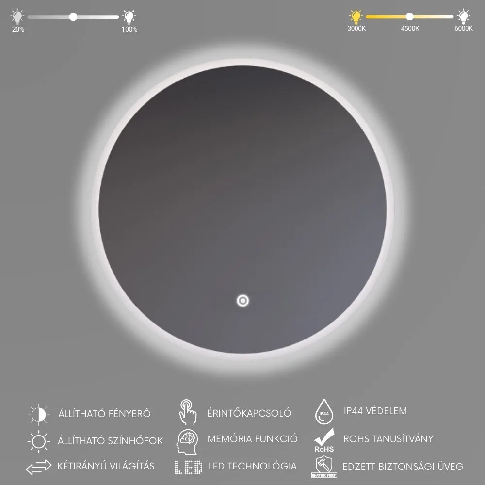Kerek Led tükör Ø70cm Welland Alpha | Fényerő + színhőfok állítás