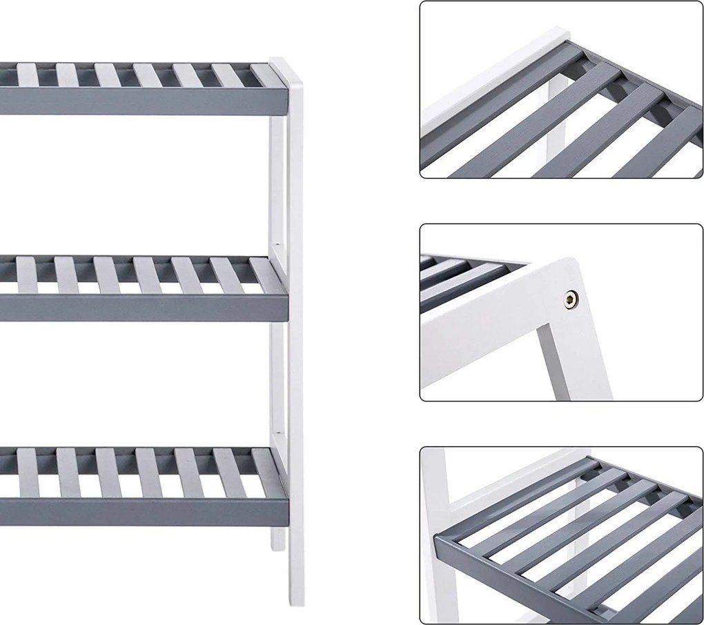 Bambusz cipőtartó, 3 szintes tárolópolc,  70 x 26 x 55 cm, fehér és szürke