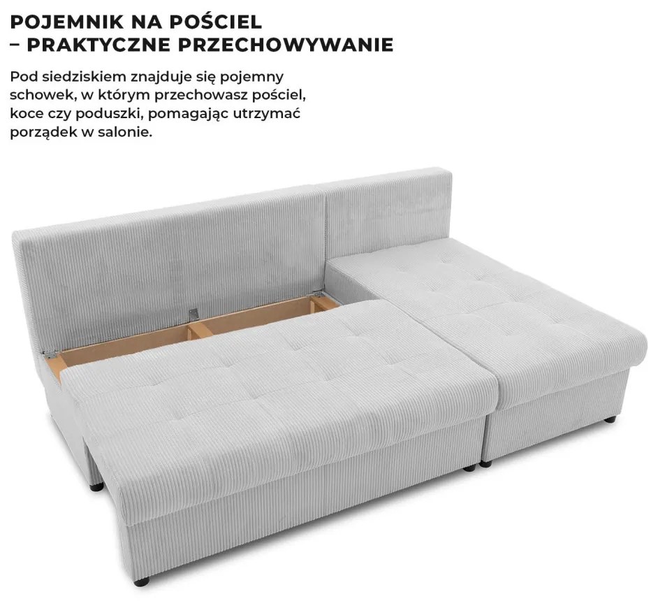 Venezia sarokkanapé, 3 ágyneműtartóval, kordbársony, univerzális oldal, hab töltet, szürke