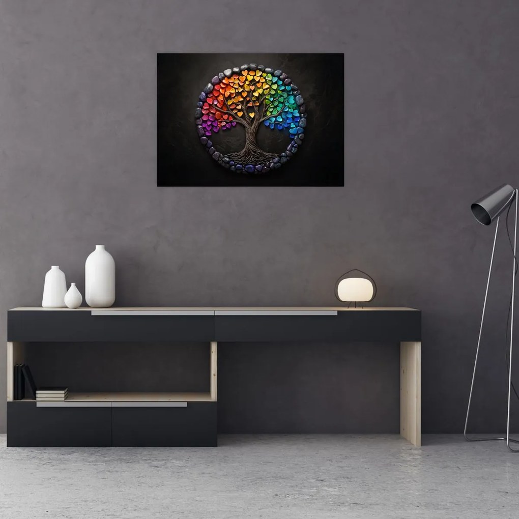 Üveg kép – Fa színes szívekkel (70x50 cm)