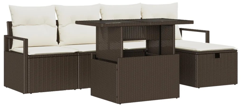 6 darabos Kerti Kanapészett Párnákkal Barna Poly Rattan, 2 személyes Kerti Kanapé Tárolóval &amp; Párnákkal Barna Poly Rattan