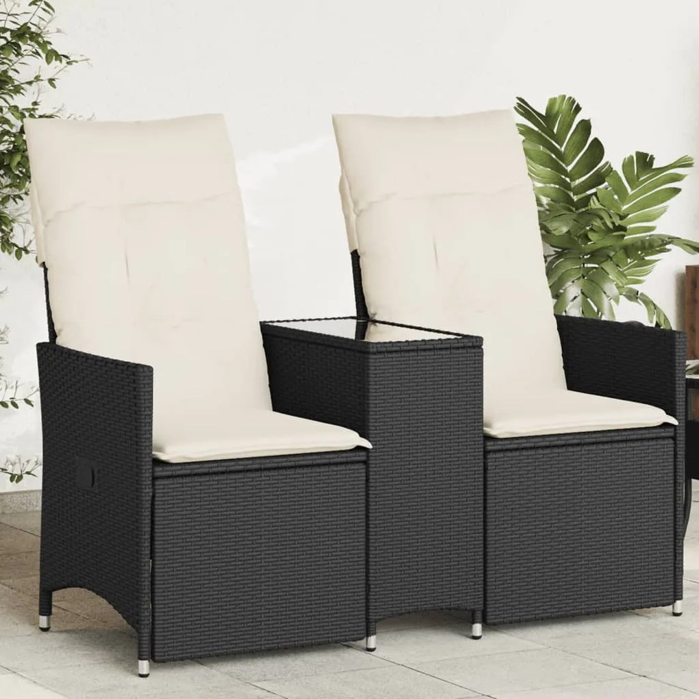 2 személyes fekete polyrattan dönthető kerti kanapé asztallal