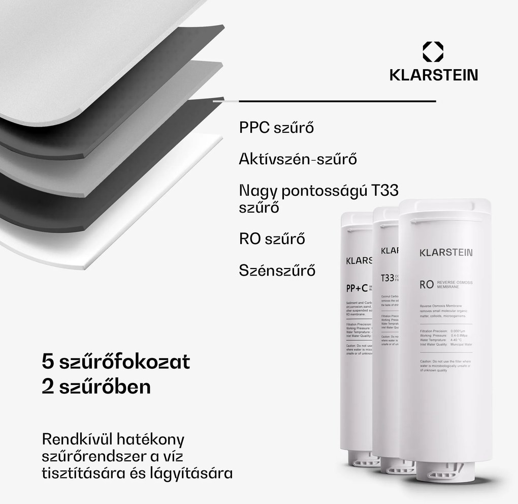 Klarstein PureLine 600, szűrőrendszer, fordított ozmózis, 600 GPD / 2270 L/d