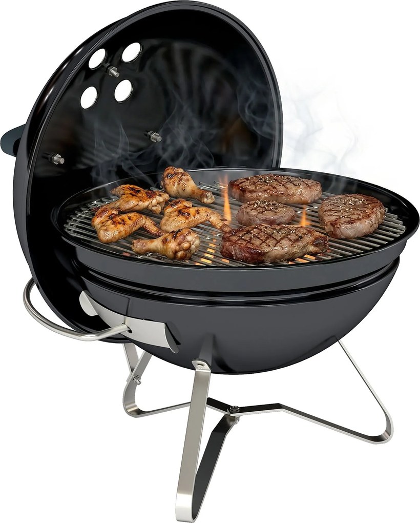 Outsunny hordozható kerek faszenes grill, fedéllel és állvánnyal, sütőrács, állítható szellőzők, erkélyre, piknikre, kempingezéshez, Ø41 x 44 cm, feke