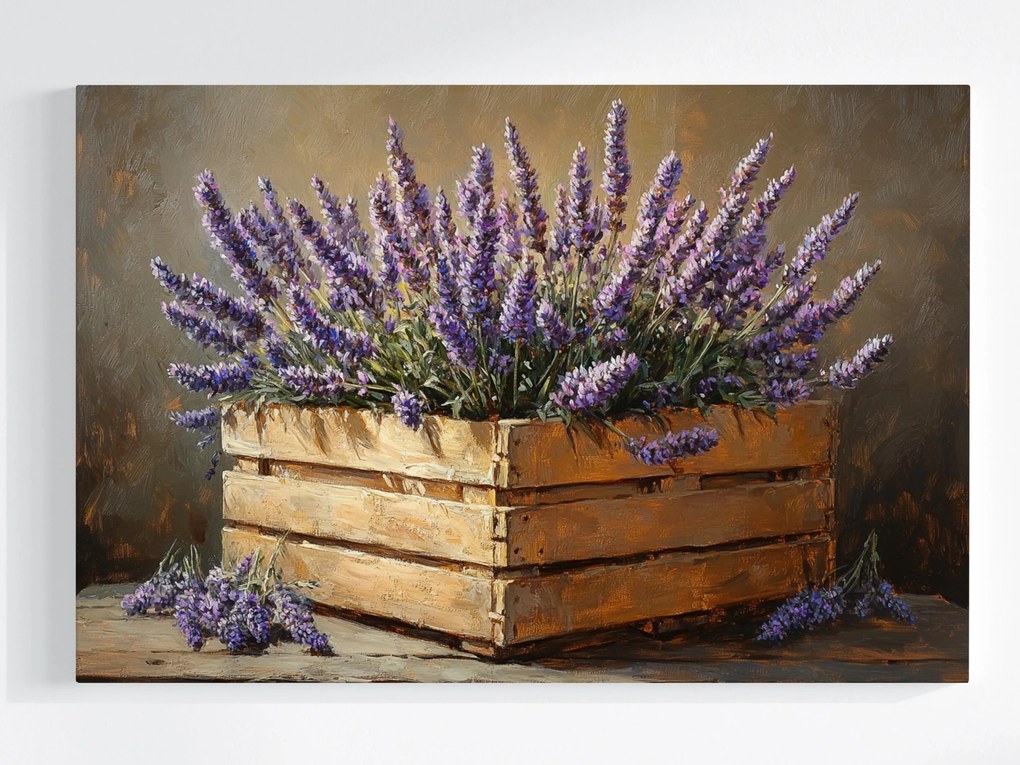 Vászonkép Canvas Dekoráció Fa Doboz Virágok Levendula 120x80