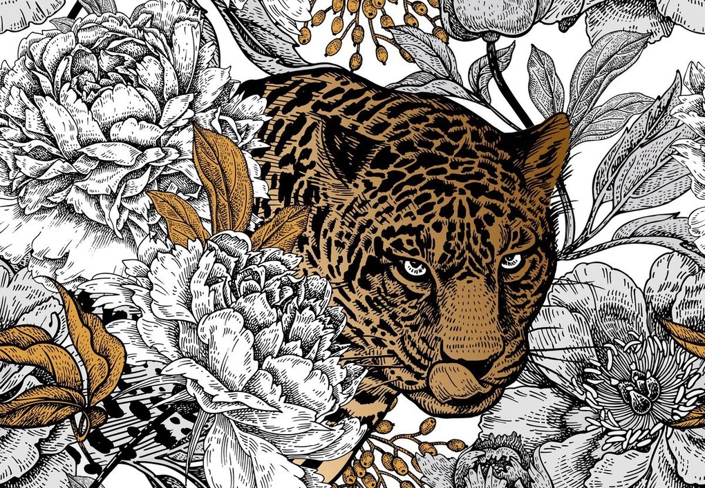 Fotótapéta - Leopárd pünkösdi rózsában (147x102 cm)