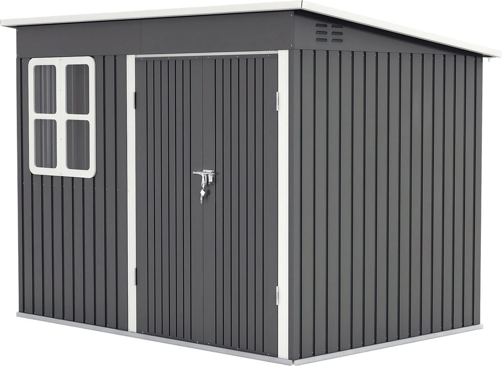 Outsunny Fém Szerszámtároló 4,13 m², 260 x 177 x 190 cm Ablakos Tetős, Zárható Ajtós, Időjárásálló Kertiház Kültéri Kert Szerszámtároló Szekrény Hátsó