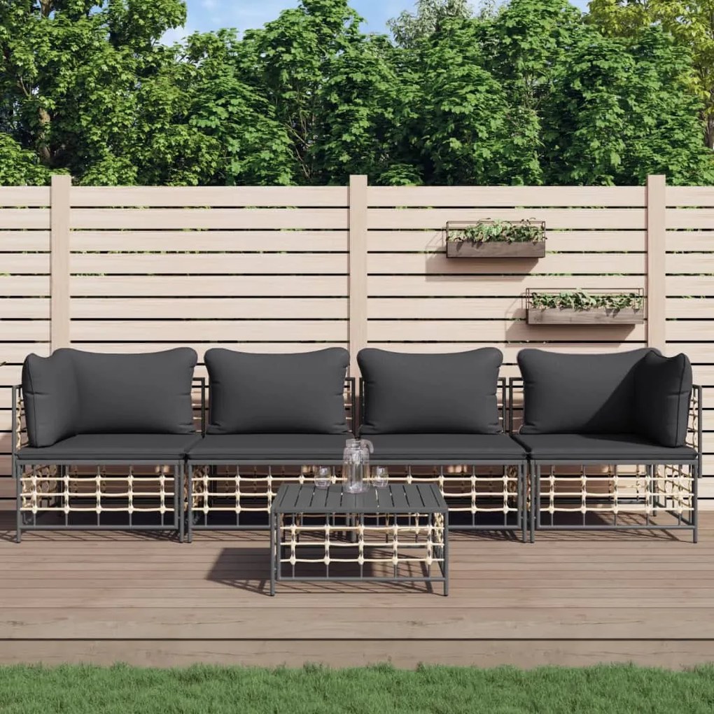 5 részes antracitszürke polyrattan kerti ülőgarnitúra párnákkal