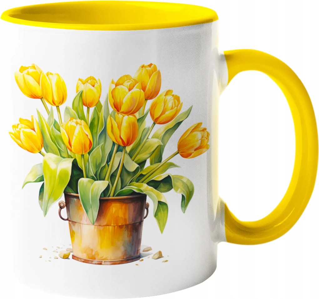 Bögre Csokor Sárga Tulipán Virágok Akvarell 330ml Csomagolás +név