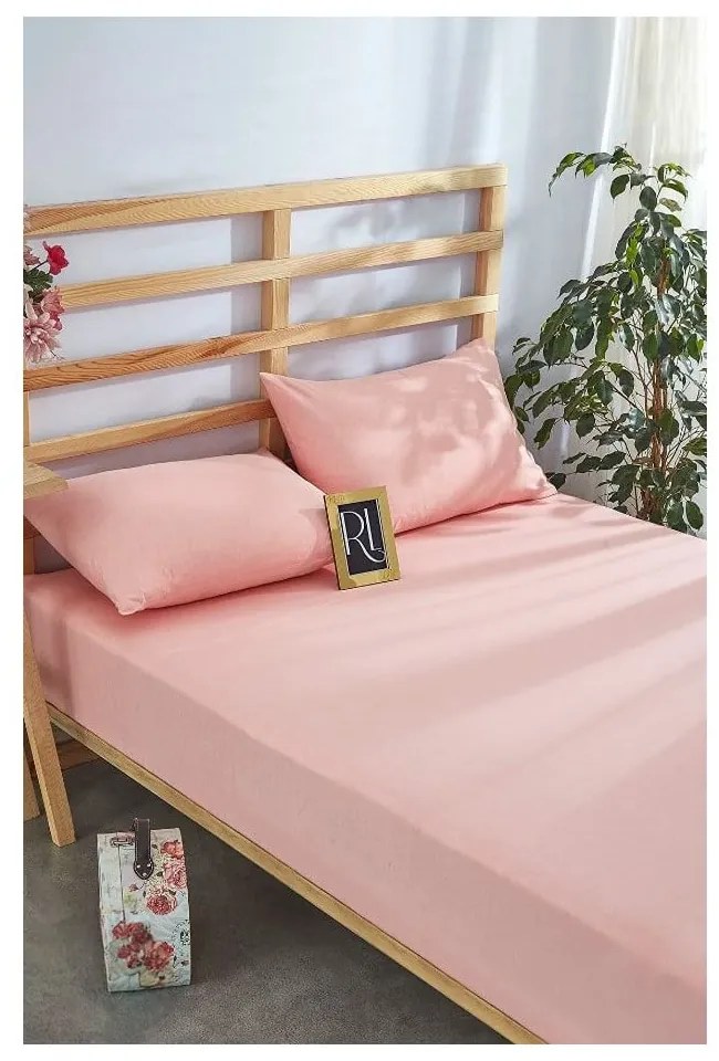 Rózsaszín gumis pamut lepedő és párnahuzat szett 180x200 cm – Mila Home