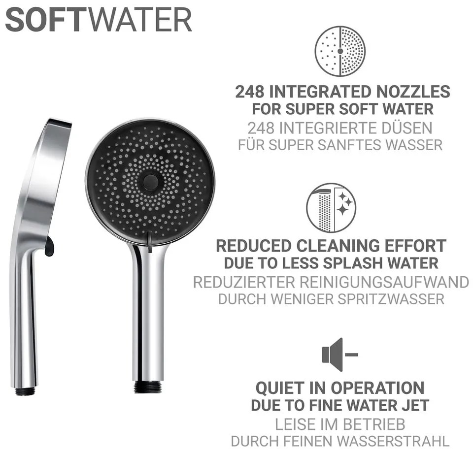 Ezüstszínű rozsdamentes acél zuhanyszett kézi tussal-tolható tartóval 70 cm Softwater – Wenko