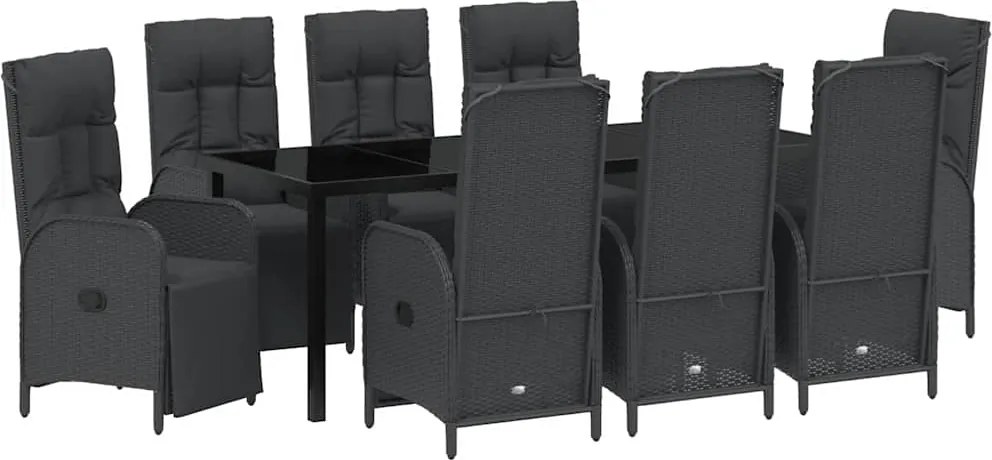 vidaXL Kert étkező szett párnával 9 pcs Fekete polirattan