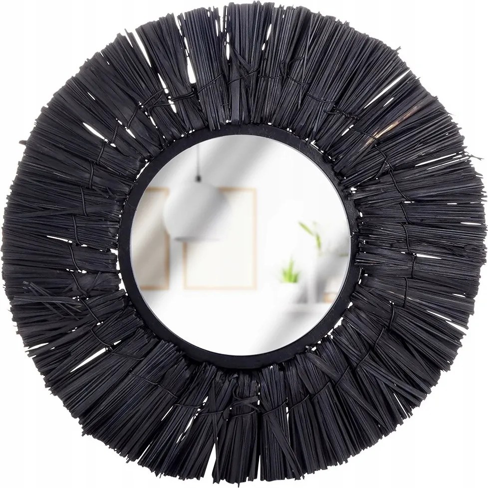 Fali Tükör Kerek Fekete 32CM Keret Rafia Boho Stílusú Szoba
