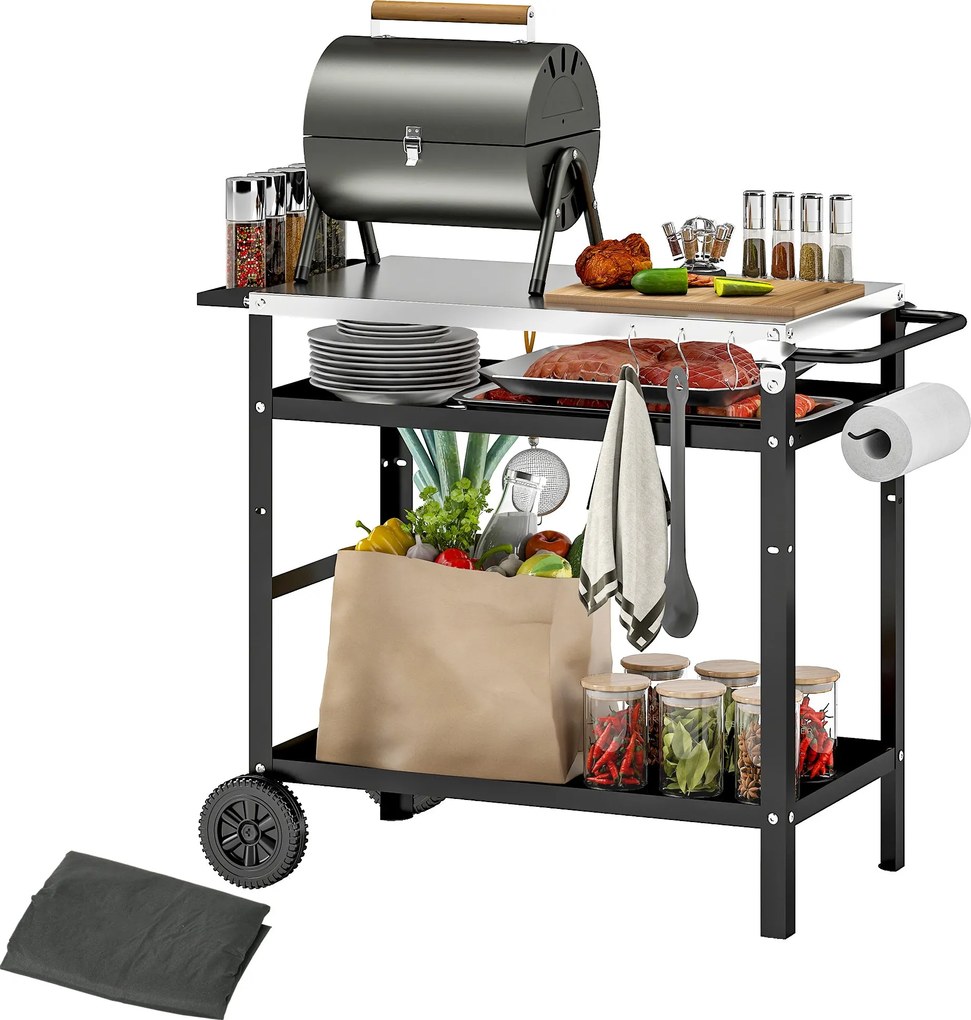 Outsunny Grill Kocsi 3-Szintes Tálalókocsi Munkafelülettel, Fogantyúkkal, Fedéllel, Kerekekkel, Állítható Magasságú Rozsdamentes Acél Grill Asztal, Kü