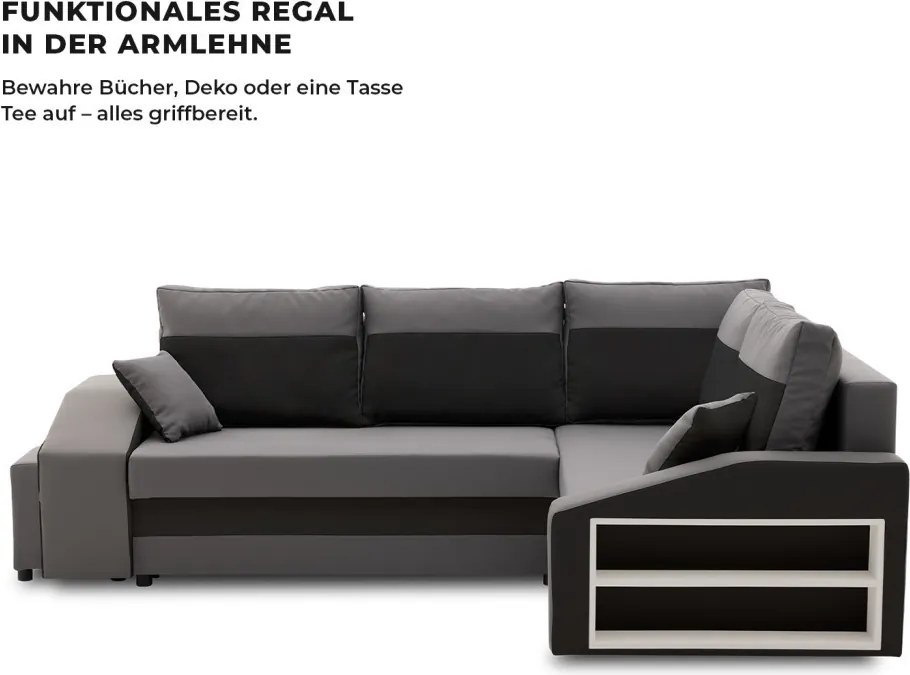 Grande sarokkanapé polcokkal és puffokkal , polc a jobb karfaban puffok a bal karfaban, jobboldali, szövet anyag, bonell töltet, szürke - fekete