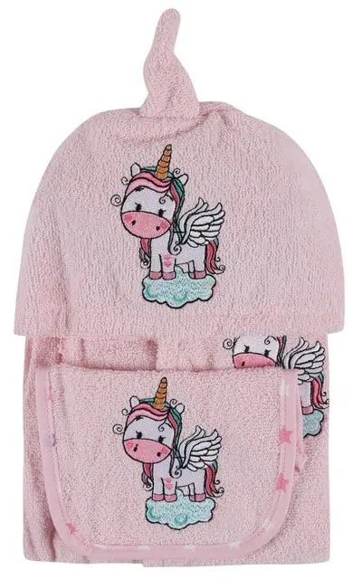 Rózsaszín pamut gyerek fürdőköpeny és fürdőlepedő szett 3 db-os 0-2 év Unicorn – Foutastic