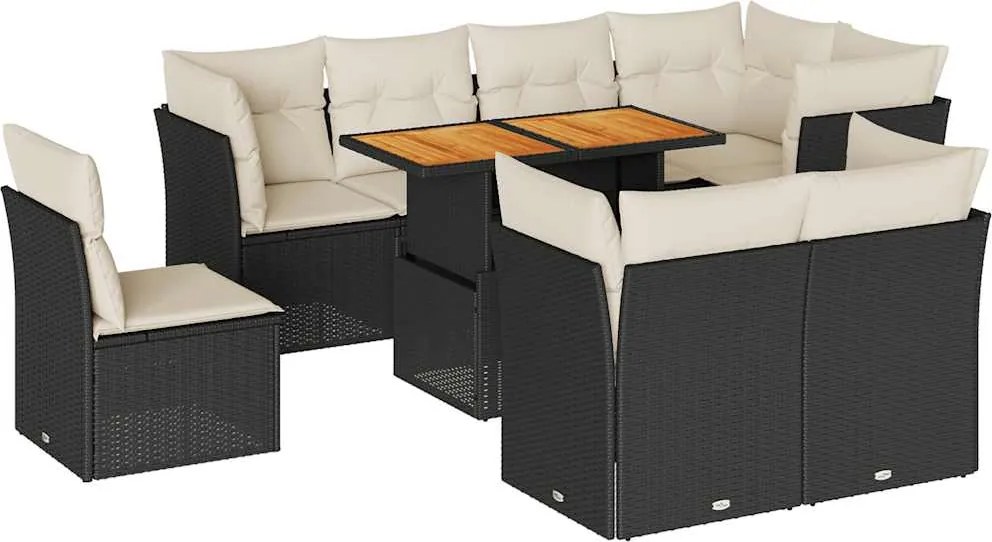 vidaXL 9 részes fekete polyrattan kerti ülőgarnitúra párnákkal