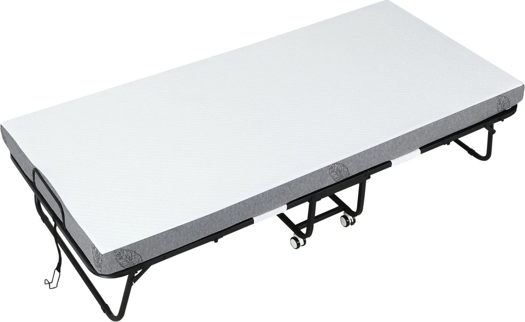 HOMCOM Összecsukható Ágy 200x90x42.5 cm Hordozható Kempingágy Egyszemélyes Mattal Kerekekkel és Fékekkel 150 kg Teherbírással a Hálószobába, Nappaliba