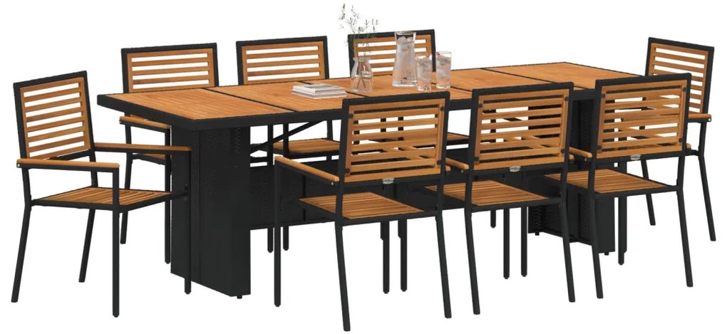 9 darabos kerti étkezőszett fekete poly rattan akáciából