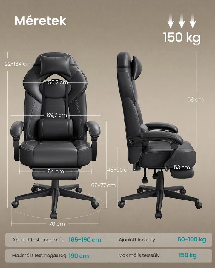 SONGMICS gamer szék lábtartóval, ergonomikus irodai szék fej- és deréktámasszal, 135°-ig dönthető, 150 kg, fekete