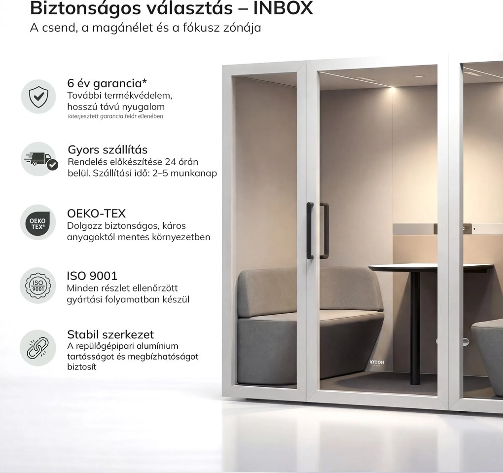 INBOX akusztikai irodai fülke 4 személyes, 2100 × 2200 × 1220 mm