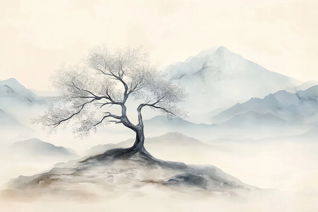 Fotótapéta Flizelina Akvarell Ázsia Japán Hegyek Fa Zen 416x254 ragasztó